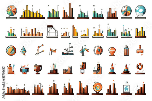 Diagrams flat icons and graphs color isolated on PNG Background. Generative Ai.