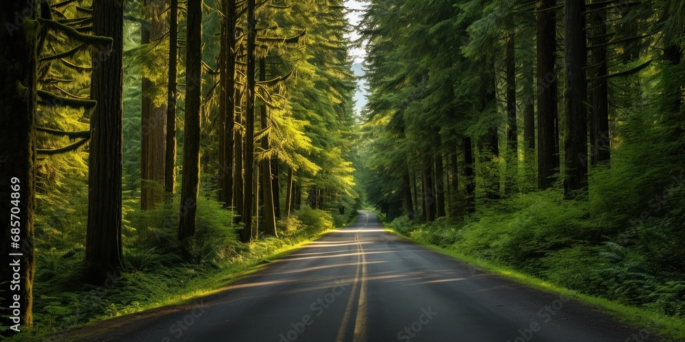 Obraz premium Straight path cutting through a forest with trees.