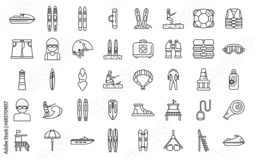 Water skiing icons set outline vector. Sport adventure. Board beach swim
