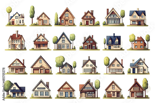 Set colorful country town houses with roof, suburban cottages, guest house, mansion, townhouse, house brick,  isolated on PNG Background. Generative Ai.