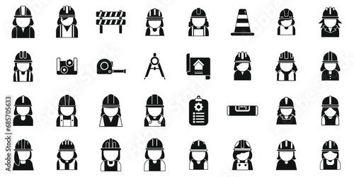 Female construction engineer icons set simple vector. Worker architect. Civil builder hat