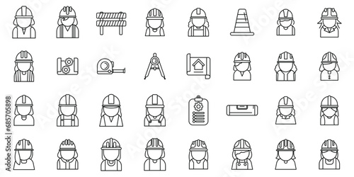 Female construction engineer icons set outline vector. Worker architect. Civil builder hat