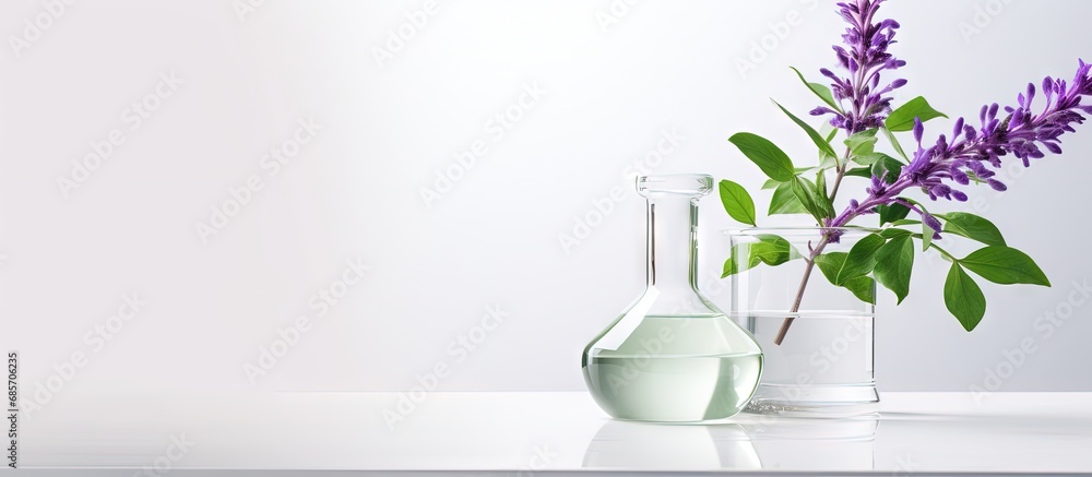 Biotech lab setup with green and purple flora amidst a white background Copy space image Place for adding text or design - obrazy, fototapety, plakaty 
