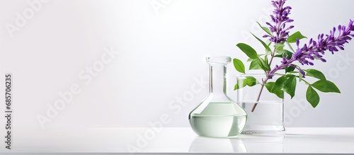 Biotech lab setup with green and purple flora amidst a white background Copy space image Place for adding text or design