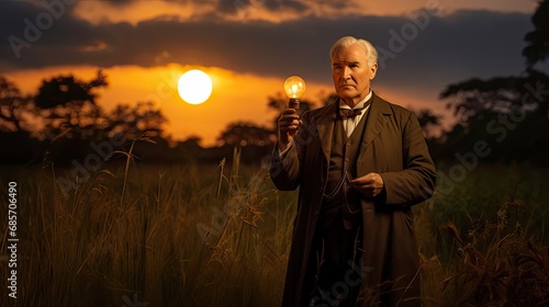 An imaginable image of Thomas Edison standing i a field with his lightbulb. photo