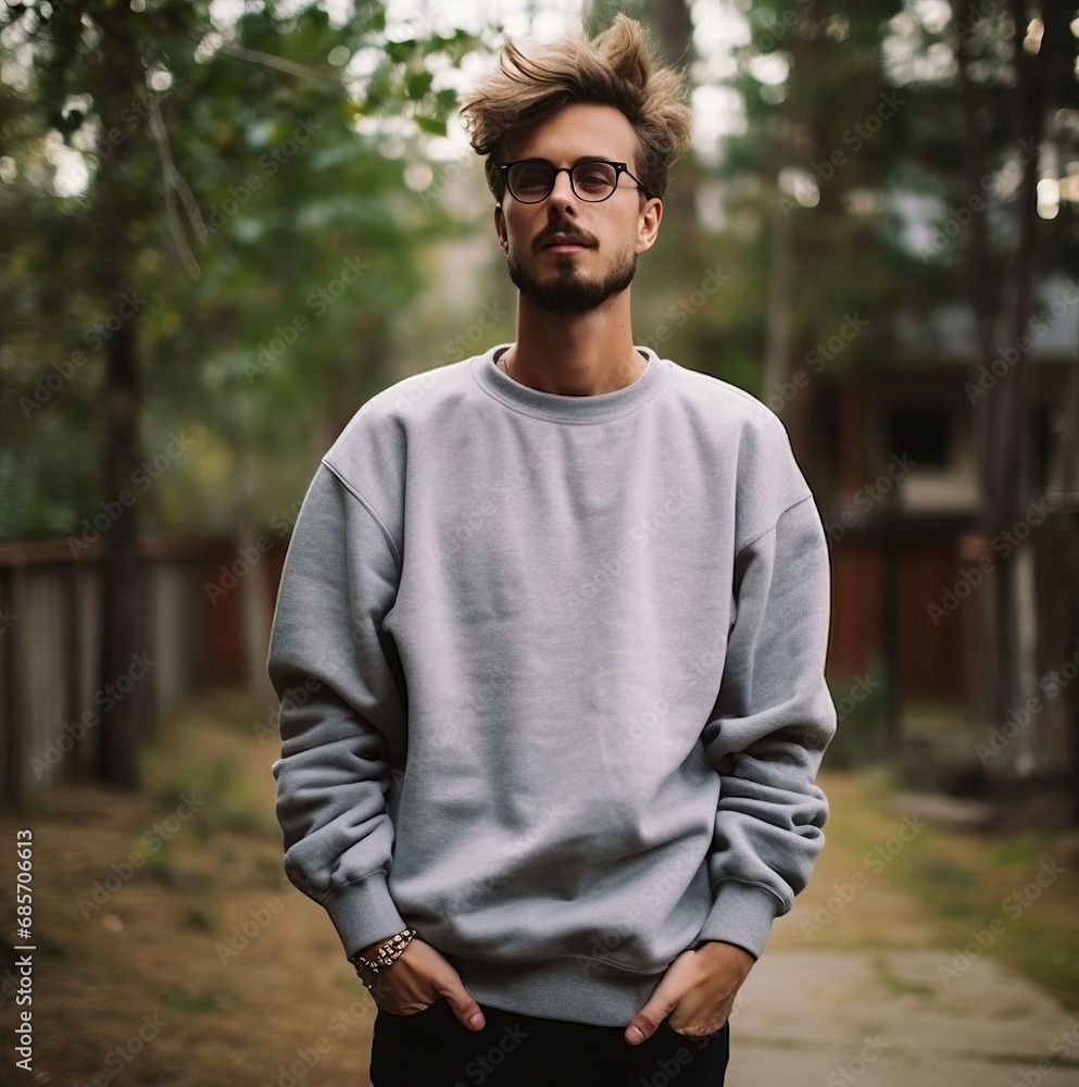 A charming man stands in a gray hoodie and looks at the camera on the street A charming man stands in a gray hoodie and looks at the camera on the street
