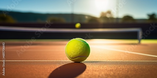 Tennis ball on court in sunlight.