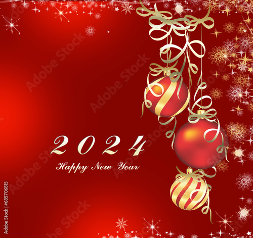 Happy New Year 2024 illustration. Red background with stars and snowflakes, invitation card.