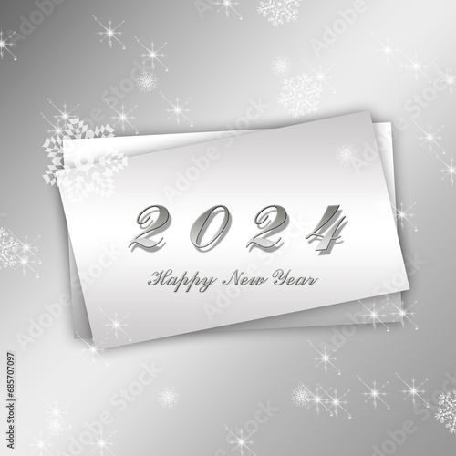  Happy New Year 2024 illustration. Silvery background with stars and snowflakes, invitation card.