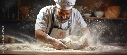 Close up of artisan baker sprinkling flour on fresh dough in rustic bakery kitchen Copy space image Place for adding text or design photo