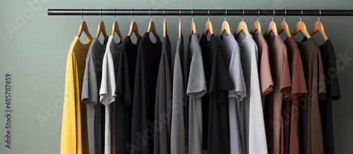 Detailed view of garments on a hanging display Copy space image Place for adding text or design