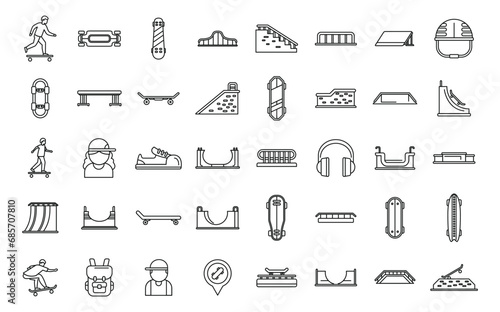 Skating park icons set outline vector. Skate roller stunt. Ramp young extreme