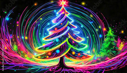 Stylised Christmas tree made of neon lights on a dark background