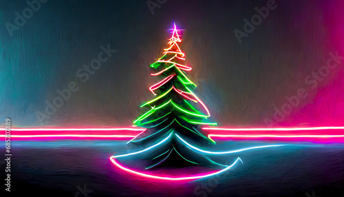 Stylised Christmas tree made of neon lights on a dark background