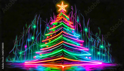 Stylised Christmas tree made of neon lights on a dark background