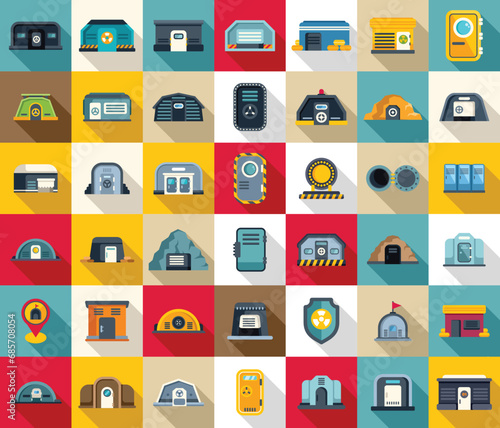 Bomb shelter icons set flat vector. Bunker safe attack. Aid carry away