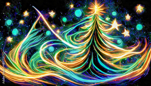 Stylised Christmas tree made of neon lights on a dark background