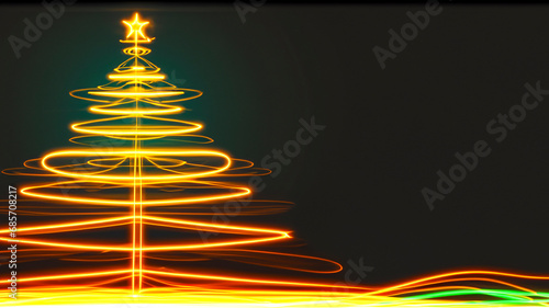 Stylised Christmas tree made of neon lights on a dark background