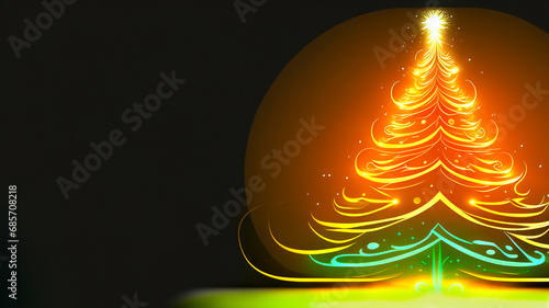 Stylised Christmas tree made of neon lights on a dark background