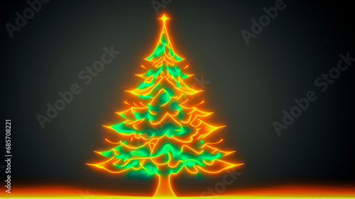 Stylised Christmas tree made of neon lights on a dark background