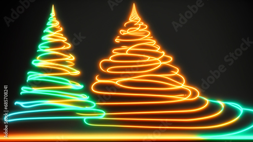 Stylised Christmas tree made of neon lights on a dark background