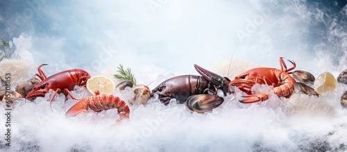 Assorted fresh seafood including lobster salmon and various shellfish displayed on ice in a seafood market Copy space image Place for adding text or design photo