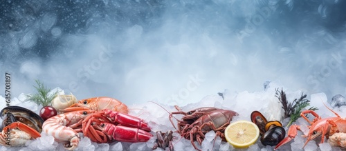 Assorted fresh seafood including lobster salmon and various shellfish displayed on ice in a seafood market Copy space image Place for adding text or design