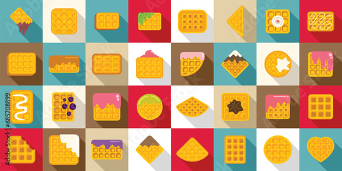 Belgian waffles icons set flat vector. Belgium appetizer cream. Bakery food