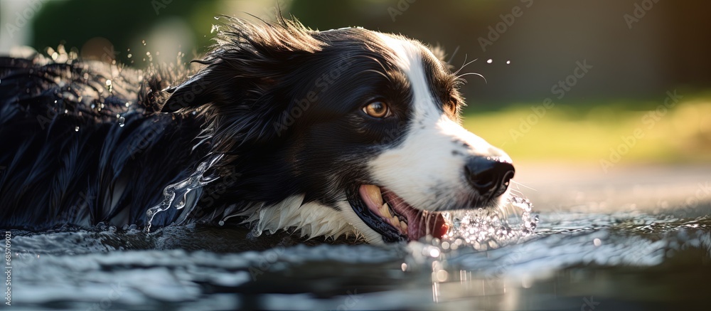 Collie at fountain drinking water Copy space image Place for adding text or design Collie at fountain drinking water Copy space image Place for adding text or design