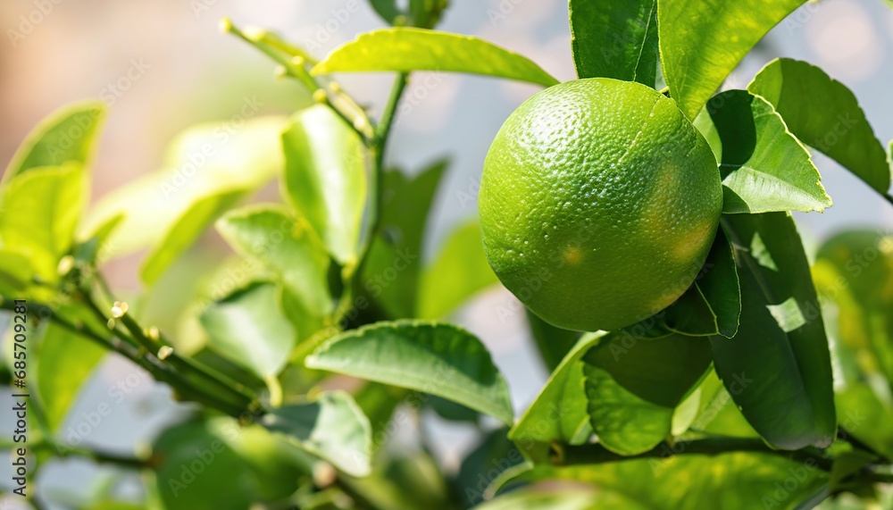 Detail of a green lemon and leaves on a tree in the sunlight