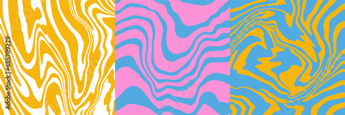 Set of colorful psychedelic square patterns with abstract organic striped shapes. Trendy retro duotone backgrounds in 90s, 00s style. Flat vector