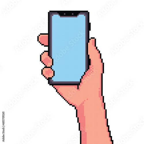 Hand holding phone, catch the phone, 8 bit pixel art, vector illustration isolated on white background.