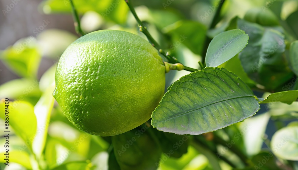 Detail of a green lemon and leaves on a tree in the sunlight