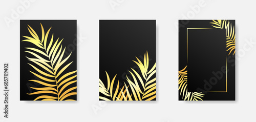 Tropical cover with golden palm leaves template set. Design of brochures and greeting cards. © DELYRICA