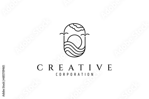 Sun and sea wave line art illustration icon logo design in oval frame