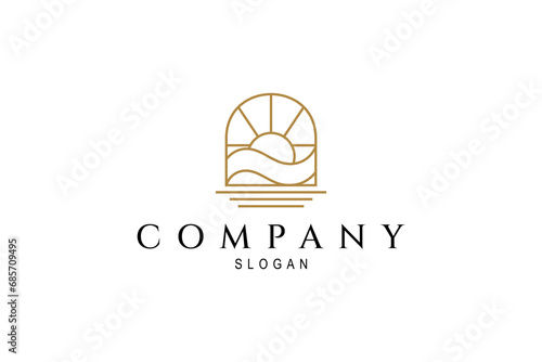 Sunset waves line art illustration icon logo design