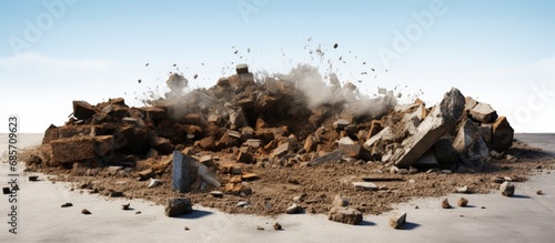 Debris from demolished concrete roads left on the ground for construction Copy space image Place for adding text or design photo
