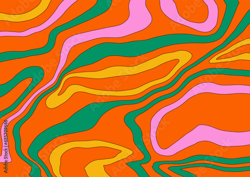 Wavy retro background. Groovy funny pattern. Psychedelic abstract design in 60s 70s retro vibe. Funky print fluid trippy design. Bright vibrant colors. Vector Abstract background for banner, cover.
