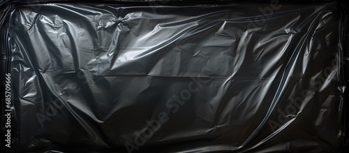 Black transparent plastic texture with a hole for poster and cover art Realistic plastic wrap for overlay copy space and photo effect Wrinkled plastic on black background Copy space image Place photo