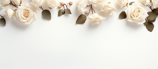 Beige rose flowers eringium flower and eucalyptus branches on a white background create a floral border frame Copy space image Place for adding text or design
