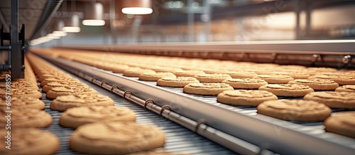 Confectionary factory uses automated machinery for sweet cookie production Copy space image Place for adding text or design photo