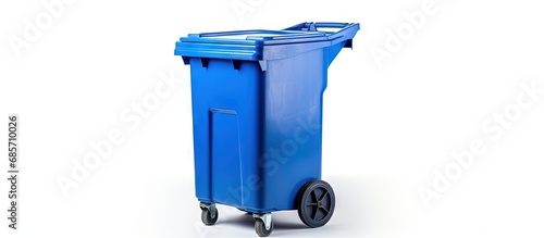 Blue recycling bin on white background Copy space image Place for adding text or design photo
