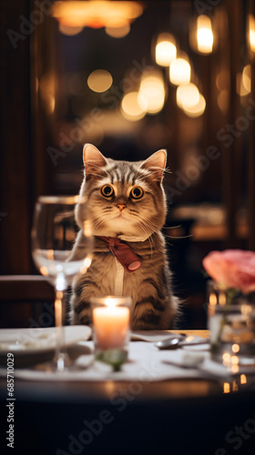Cute tabby maine coon cat with red bow tie sitting in a restaurant