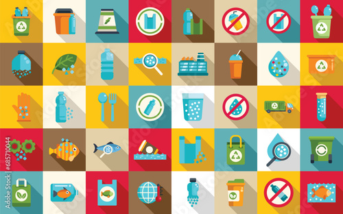 Microplastics pollution icons set flat vector. Fish environment plastic. Ocean dirty recycle