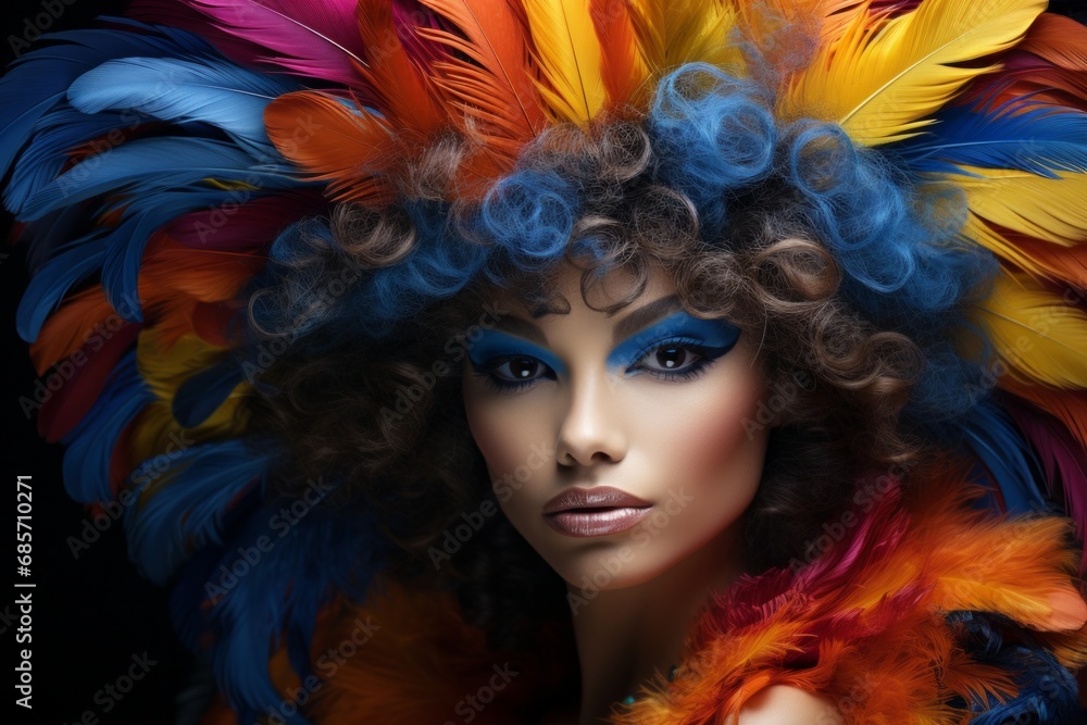 Colorful Feathers Adorning the Head of a Woman With Dark Curly Hear with Blue Streaks. Portrait of a woman with colourful feathers on her head