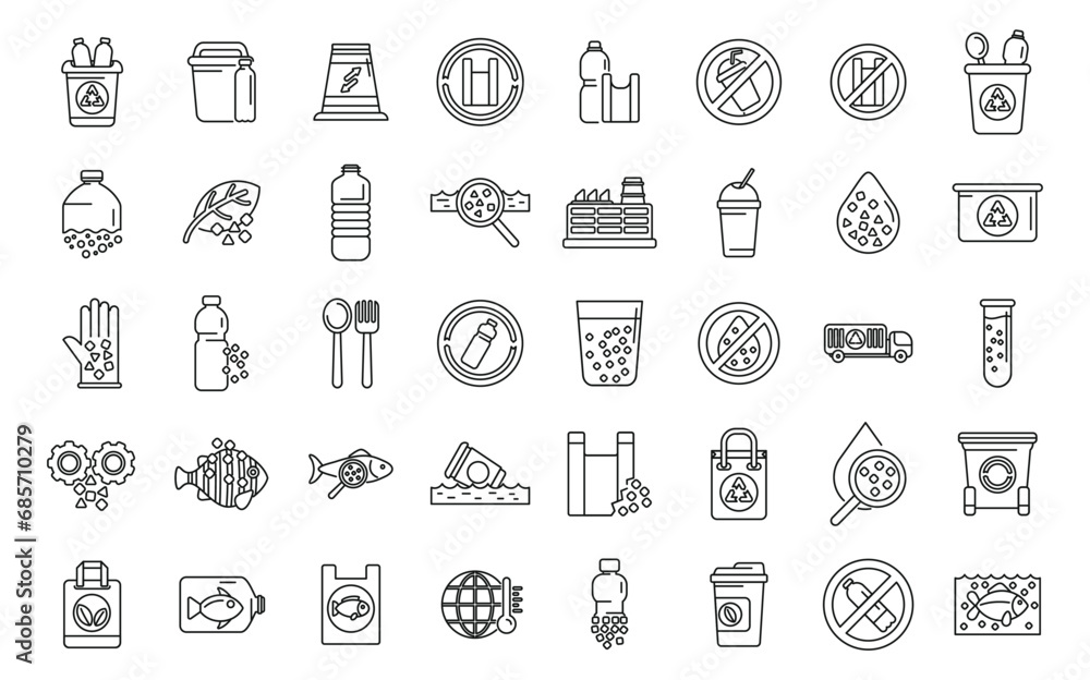 Microplastics pollution icons set outline vector. Fish environment plastic. Ocean dirty recycle Microplastics pollution icons set outline vector. Fish environment plastic. Ocean dirty recycle