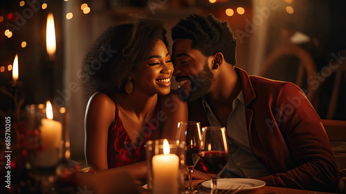 A happy African American couple hugging and kissing  celebrating Valentine   s Day  drinking wine in restaurant  romantic dinner with candles  smiling man and woman in love  anniversary evening