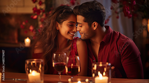 A young couple hugging and kissing at dinner table  celebrating Valentine   s day  having a romantic date with candles in restaurant or at home  Indian man and woman in love  anniversary evening
