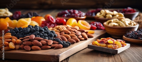 Assorted dried fruits and nuts on antique table Copy space image Place for adding text or design