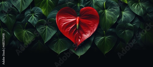 Anthurium is a red heart shaped flower renowned for symbolizing hospitality complemented by dark green leaves Copy space image Place for adding text or design